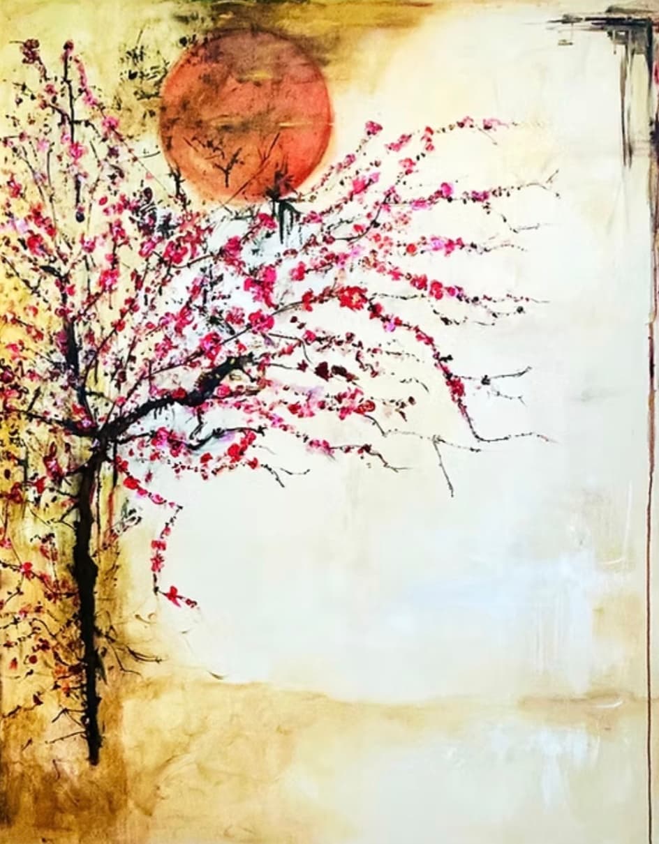 Pintura de Renata de Iudicibus: uma cerejeira nasce à esquerda e estende galhos finos e escuros, cobertos de flores rosa e vermelhas, para a direita, sob um círculo terracota, sobre um fundo creme e ocre com muito espaço vazio.