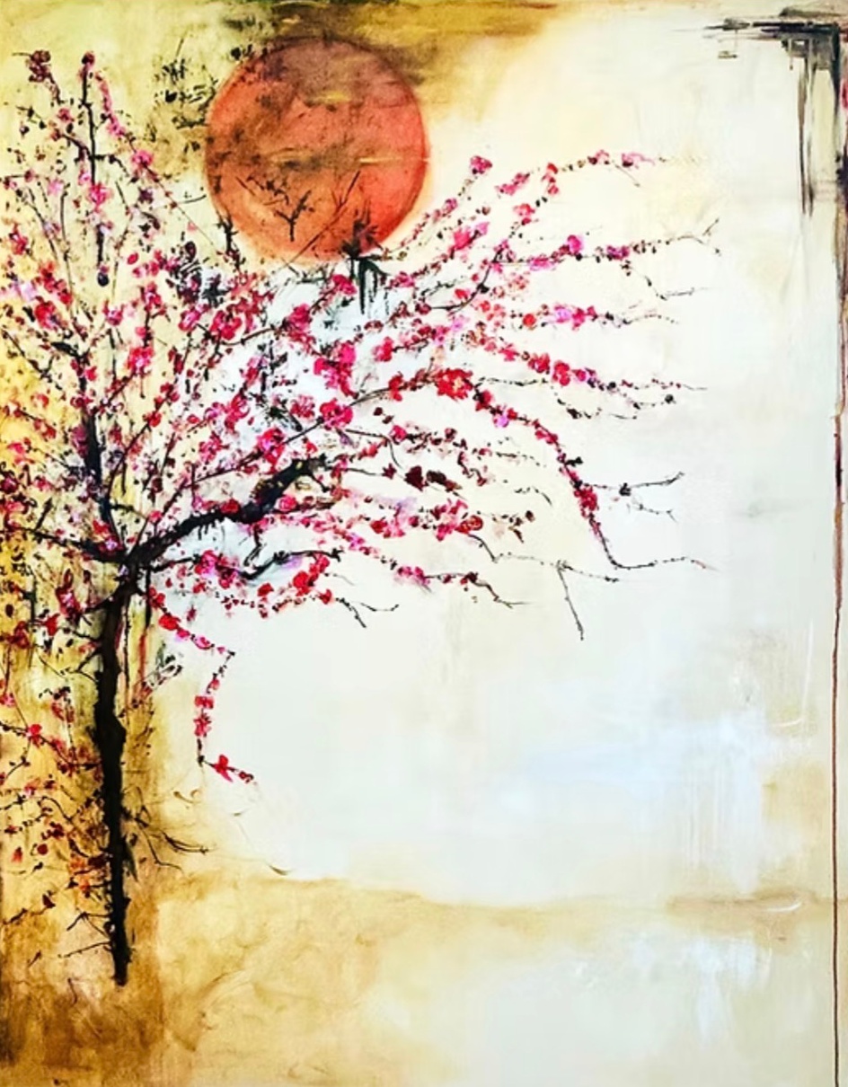 Pintura de Renata de Iudicibus: uma cerejeira nasce à esquerda e estende galhos finos e escuros, cobertos de flores rosa e vermelhas, para a direita, sob um círculo terracota, sobre um fundo creme e ocre com muito espaço vazio.
